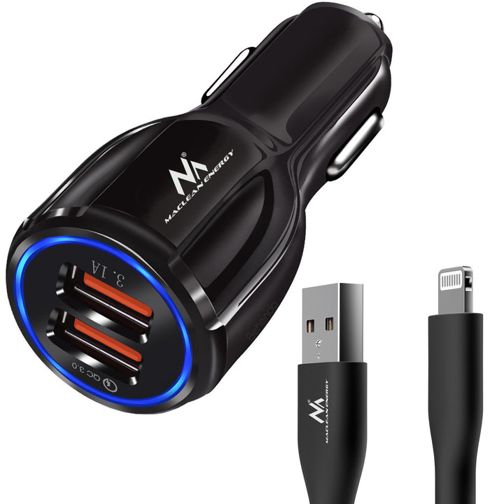 Maclean biloplader, Qualcomm Quick Charge, QC 3.0 - 5V/3A, 9V/1,8A, 12V/1,6A, 5V/3,1A-stik med USB Lightning-kabel