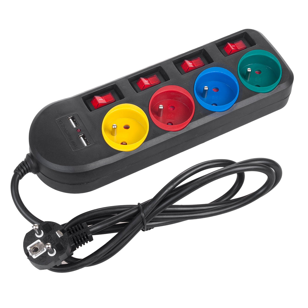 Maclean strømskinne, forlængerledning med 4 stik + 2xUSB, med afbrydere, 250VAC/10A, 2,1A 5V, 1,5 m, hvid, MCE229B + USB-kabel MCE471