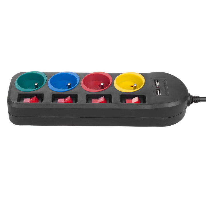 Maclean strømskinne, forlængerledning med 4 stik + 2xUSB, med afbrydere, 250VAC/10A, 2,1A 5V, 1,5 m, hvid, MCE229B + USB-kabel MCE471