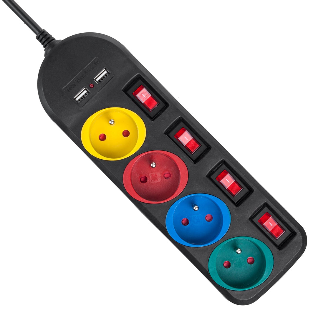 Maclean strømskinne, forlængerledning med 4 stik + 2xUSB, med afbrydere, 250VAC/10A, 2,1A 5V, 1,5 m, hvid, MCE229B + USB-kabel MCE471