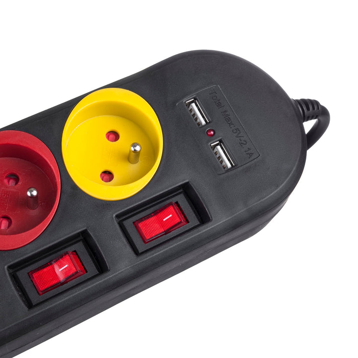Maclean strømskinne, forlængerledning med 4 stik + 2xUSB, med afbrydere, 250VAC/10A, 2,1A 5V, 1,5 m, hvid, MCE229B + USB-kabel MCE471