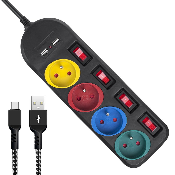 Maclean strømskinne, forlængerledning med 4 stik + 2xUSB, med afbrydere, 250VAC/10A, 2,1A 5V, 1,5 m, hvid, MCE229B + USB-kabel MCE471