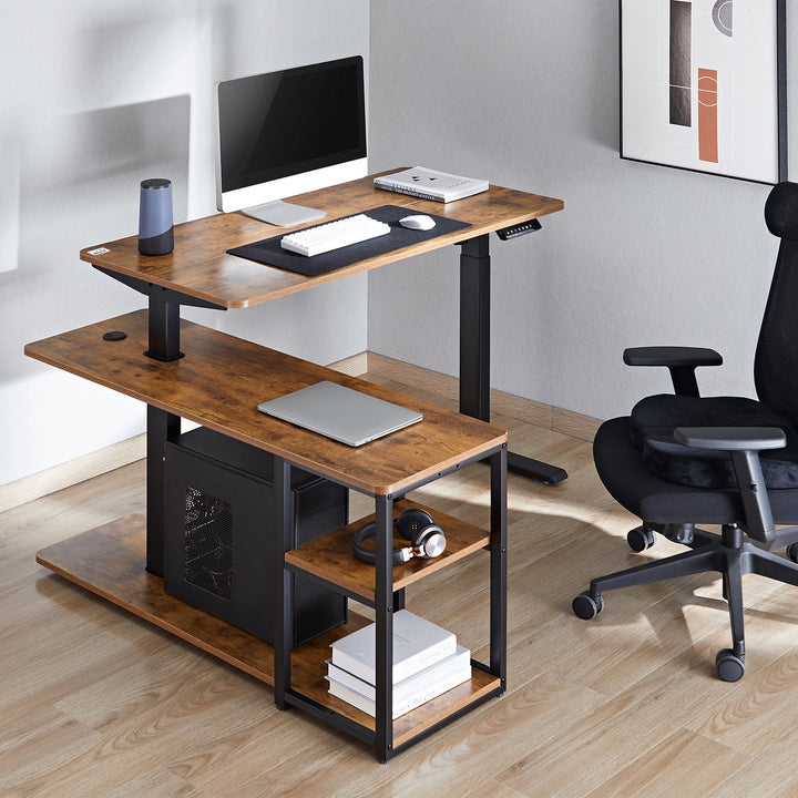 Elektrisk hævet skrivebord Ergo Office, maks. højde 121 cm, maks. 70 kg, med bordplade og hylder, til stående og siddende arbejde, rustik brun, ER-450, 2 dele