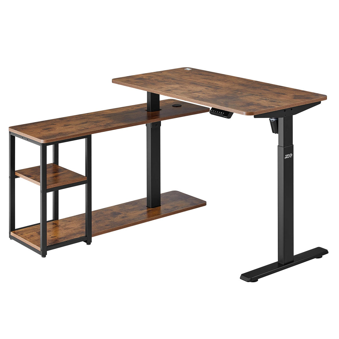 Elektrisk hævet skrivebord Ergo Office, maks. højde 121 cm, maks. 70 kg, med bordplade og hylder, til stående og siddende arbejde, rustik brun, ER-450, 2 dele