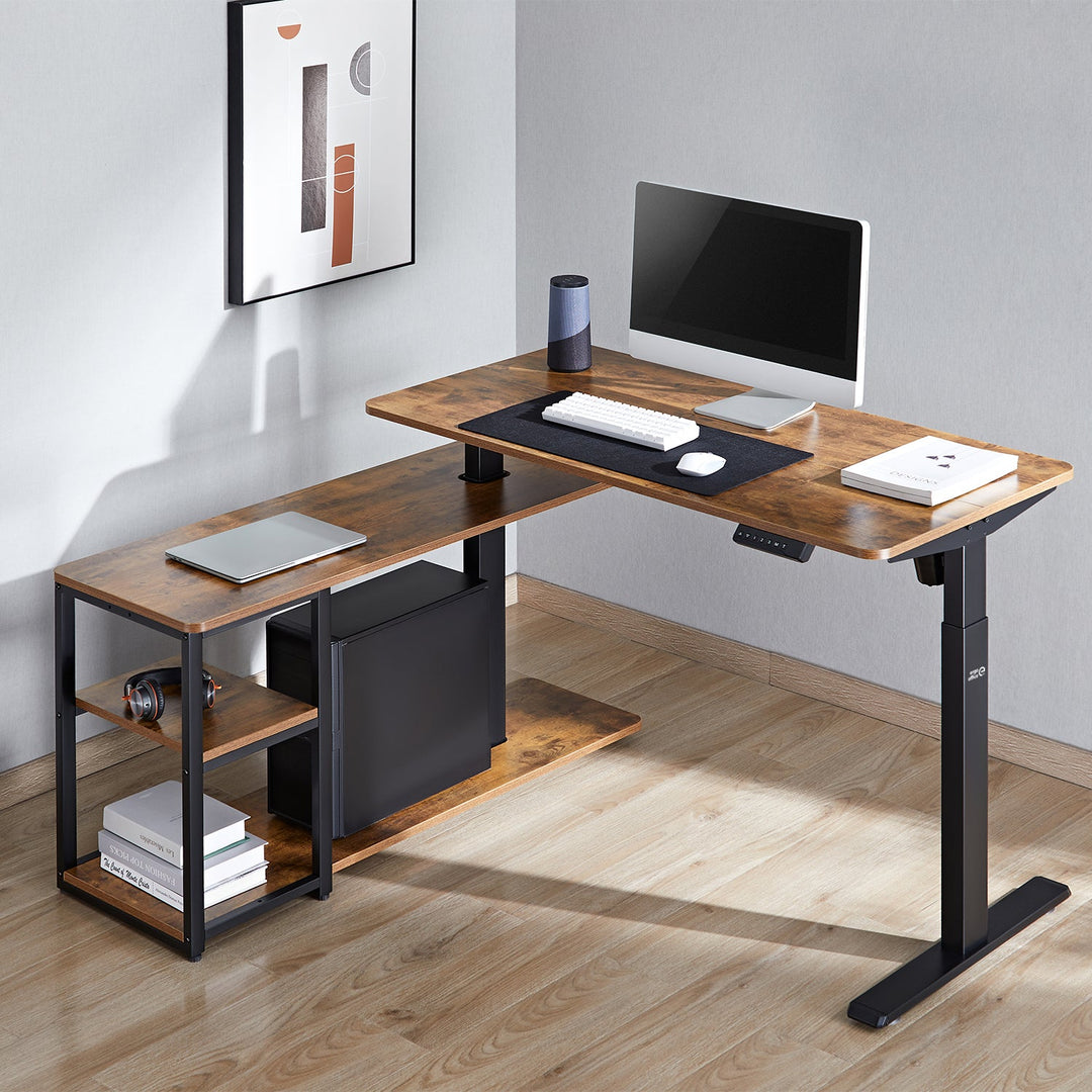 Elektrisk hævet skrivebord Ergo Office, maks. højde 121 cm, maks. 70 kg, med bordplade og hylder, til stående og siddende arbejde, rustik brun, ER-450, 2 dele
