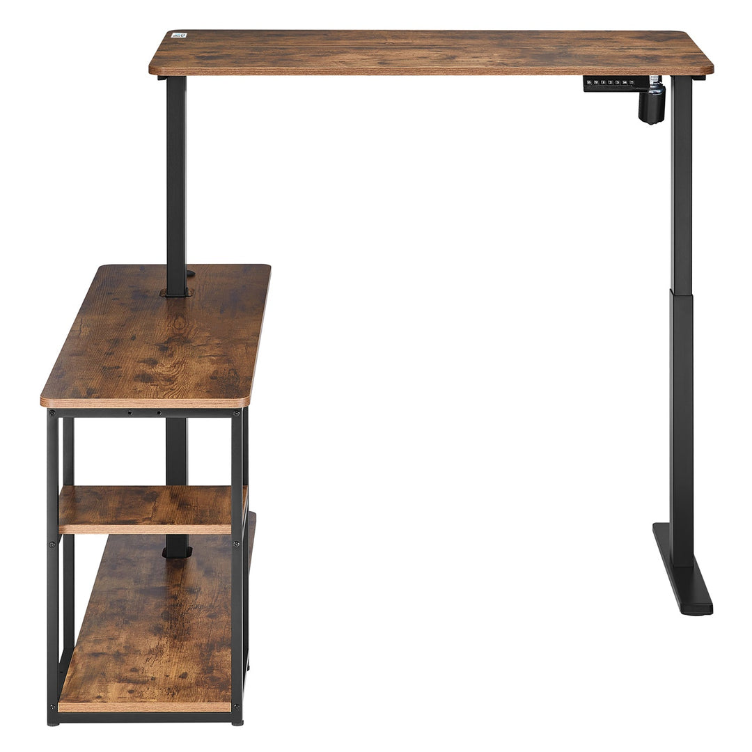Elektrisk hævet skrivebord Ergo Office, maks. højde 121 cm, maks. 70 kg, med bordplade og hylder, til stående og siddende arbejde, rustik brun, ER-450, 2 dele