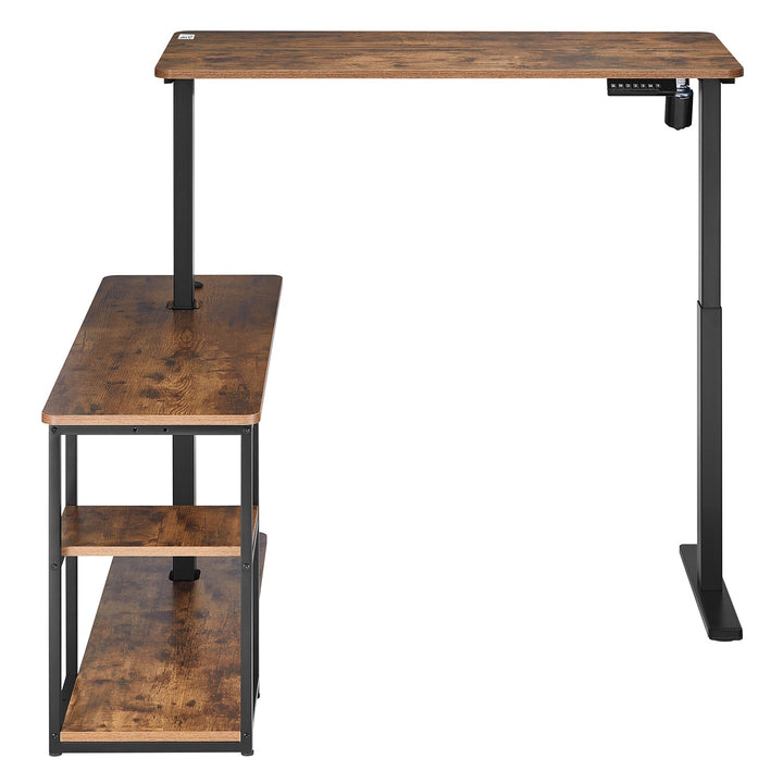 Elektrisk hævet skrivebord Ergo Office, maks. højde 121 cm, maks. 70 kg, med bordplade og hylder, til stående og siddende arbejde, rustik brun, ER-450, 2 dele