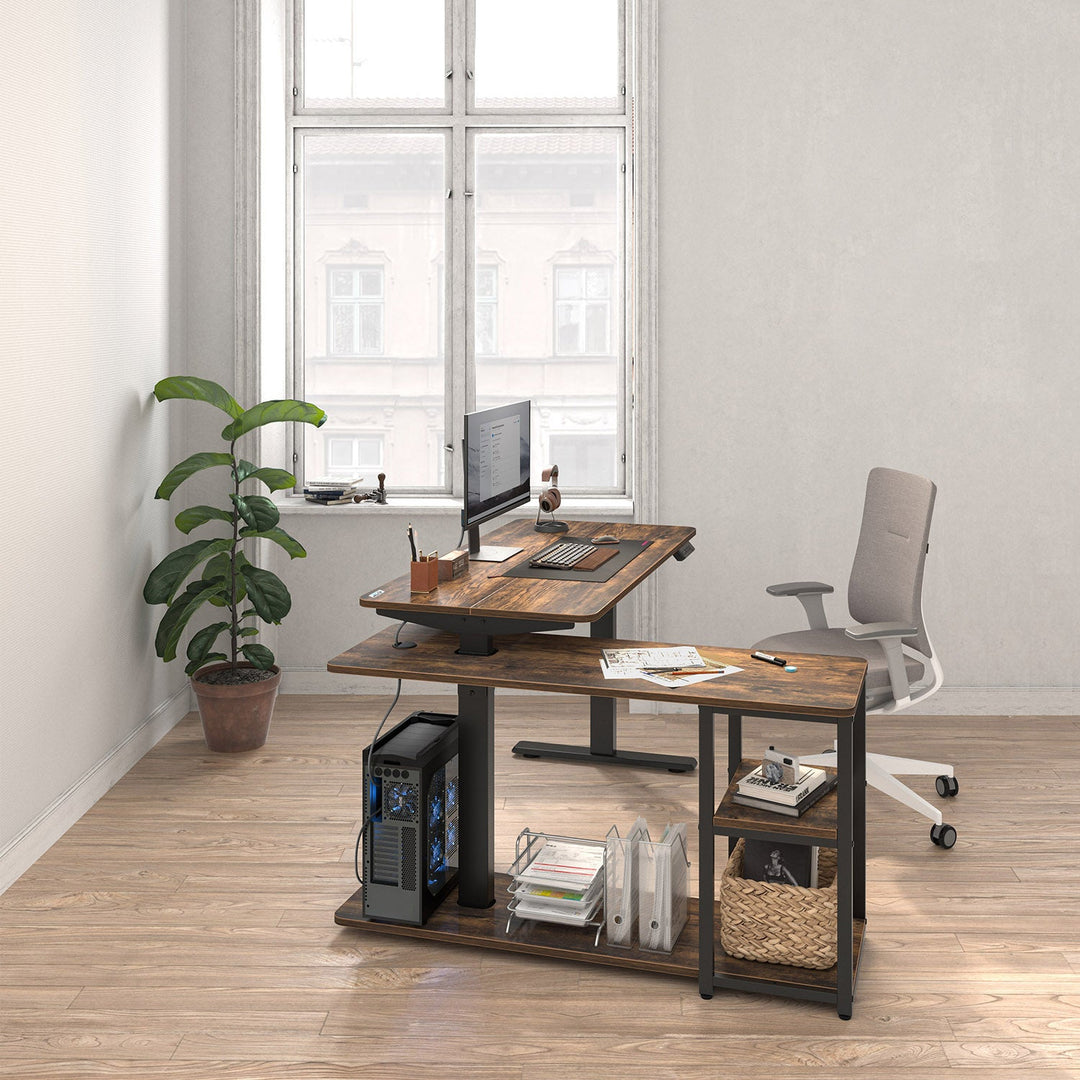 Elektrisk hævet skrivebord Ergo Office, maks. højde 121 cm, maks. 70 kg, med bordplade og hylder, til stående og siddende arbejde, rustik brun, ER-450, 2 dele