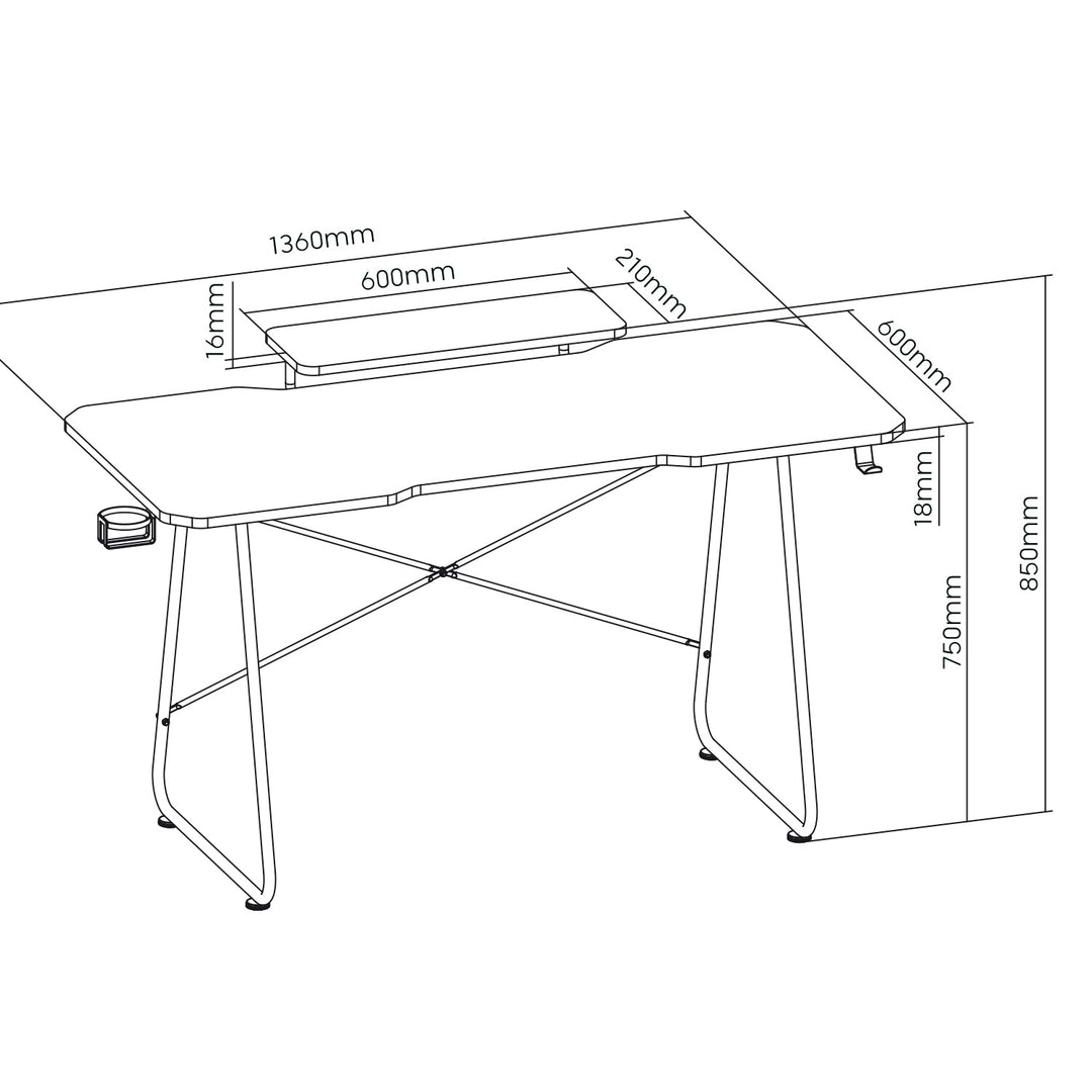 Gaming-skrivebord med hylde til skærm NanoRS, maks. 50 kg, højde 850 mm, sort, RS170