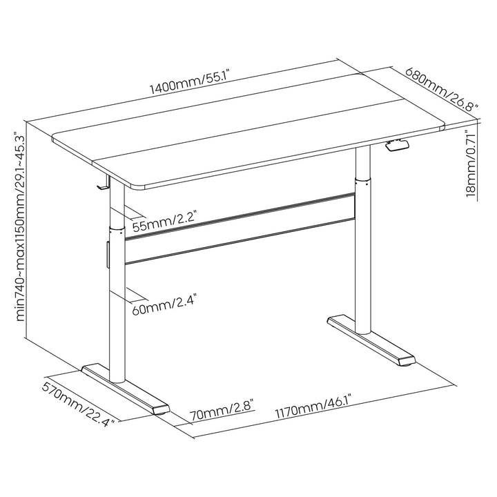 Skrivebord med bordplade 140x68 cm Ergo Office, gasfjeder, højdejustering, til stående og siddende arbejde, maks. højde 115 cm, ER-453