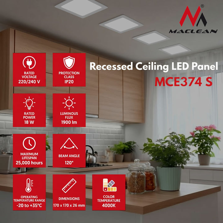 Maclean LED-loftsplade, indbygget SLIM, 18 W, Neutral White 4000 K, 170*170*26 mm, 1900 lm, MCE374 S