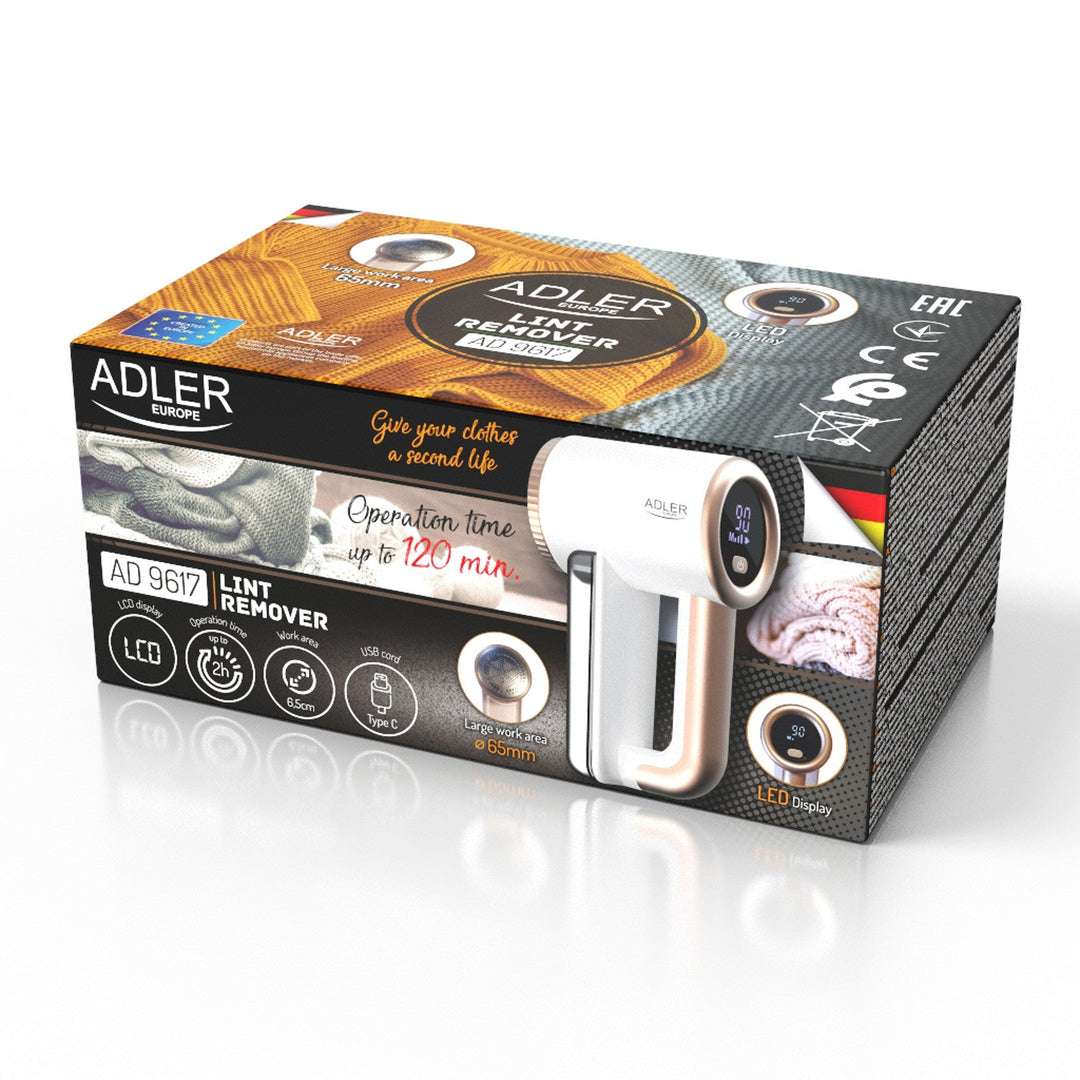 Adler tøjbarbermaskine, USB-opladning, LCD-display, 3 hastigheder, børste, AD 9617