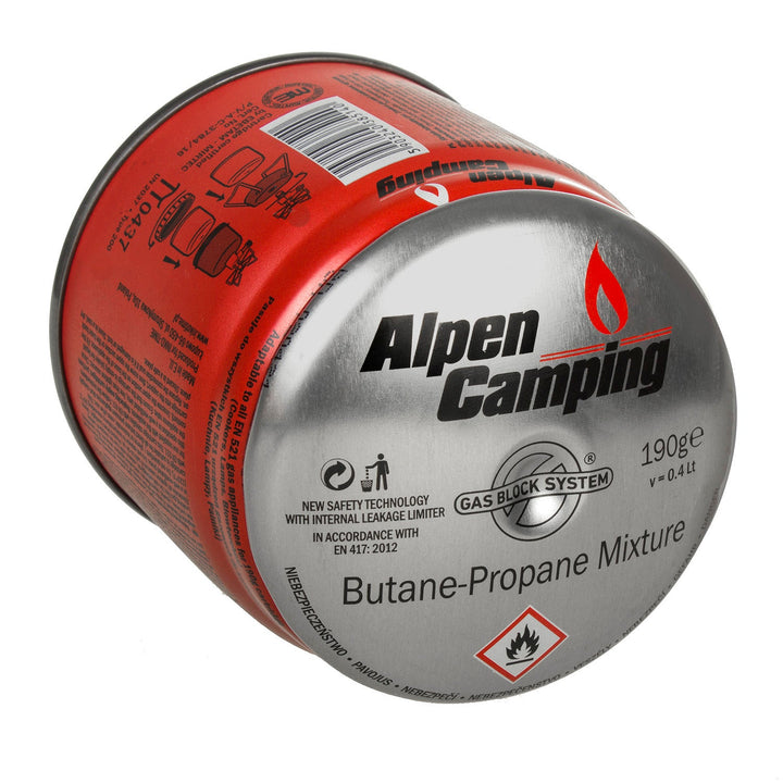 24x 400 ml gaspatroner fra Alpen Camping. Certifikat: Pi 0437, i overensstemmelse med standarden EN417, propan-butan, temperaturområde -10 °C til +40 °C, GAS STOP-system IK006.