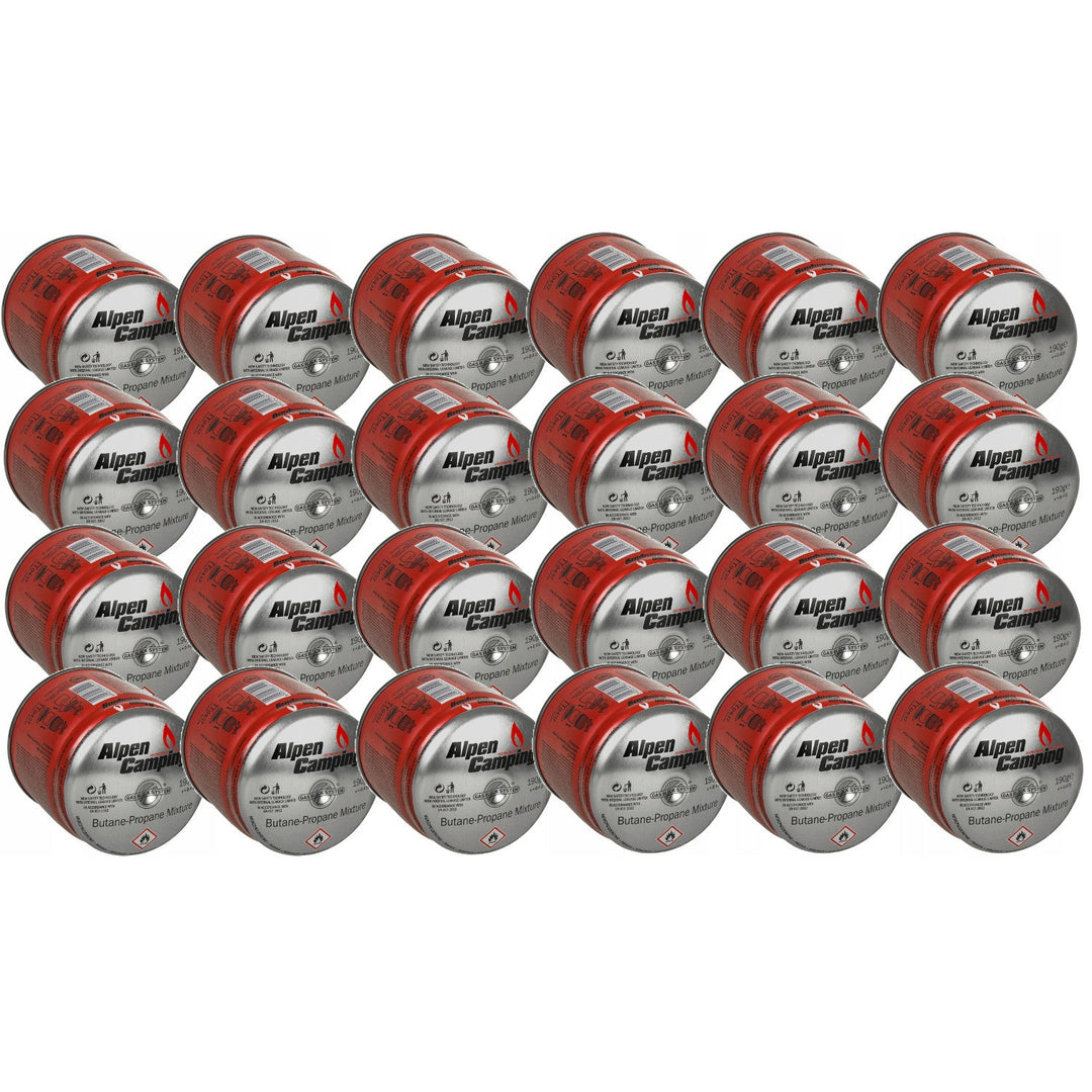 24x 400 ml gaspatroner fra Alpen Camping. Certifikat: Pi 0437, i overensstemmelse med standarden EN417, propan-butan, temperaturområde -10 °C til +40 °C, GAS STOP-system IK006.