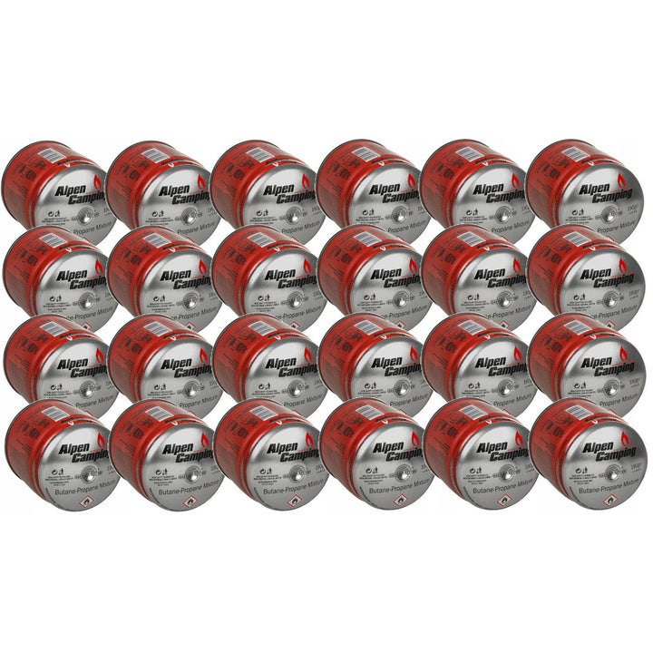 24x 400 ml gaspatroner fra Alpen Camping. Certifikat: Pi 0437, i overensstemmelse med standarden EN417, propan-butan, temperaturområde -10 °C til +40 °C, GAS STOP-system IK006.