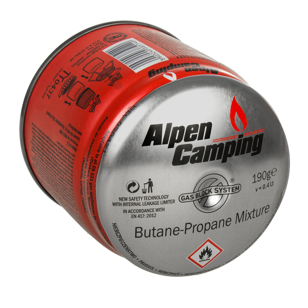 48x gaspatron 400 ml Alpen Camping. Certifikat: Pi 0437, i overensstemmelse med standard EN417, propan-butan, temperaturområde -10 °C til +40 °C, GAS STOP-system IK006