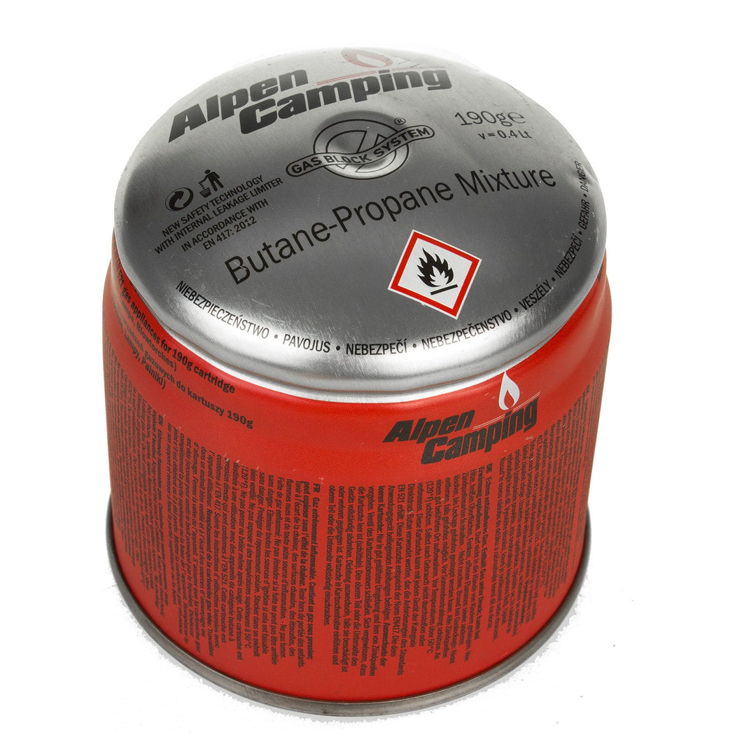 48x gaspatron 400 ml Alpen Camping. Certifikat: Pi 0437, i overensstemmelse med standard EN417, propan-butan, temperaturområde -10 °C til +40 °C, GAS STOP-system IK006