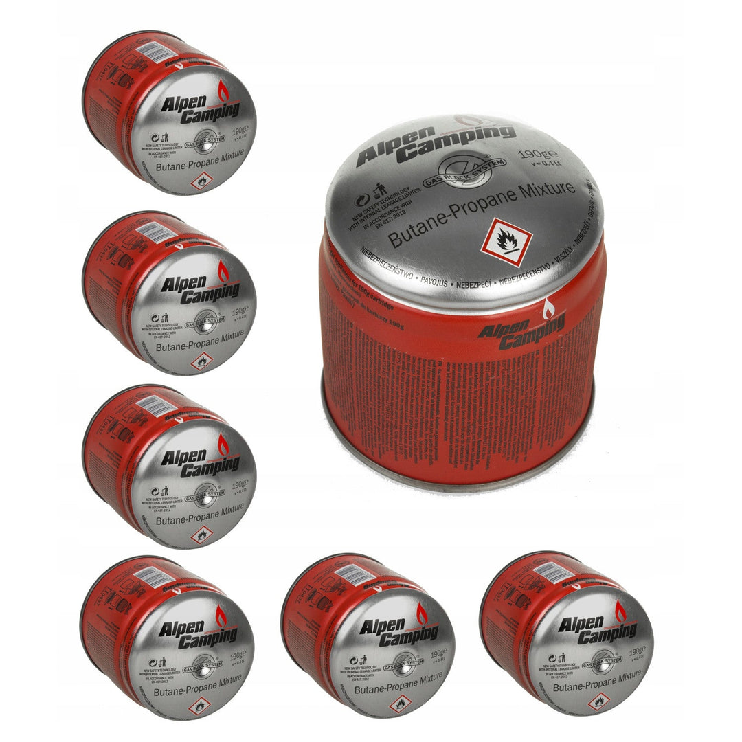 48x gaspatron 400 ml Alpen Camping. Certifikat: Pi 0437, i overensstemmelse med standard EN417, propan-butan, temperaturområde -10 °C til +40 °C, GAS STOP-system IK006
