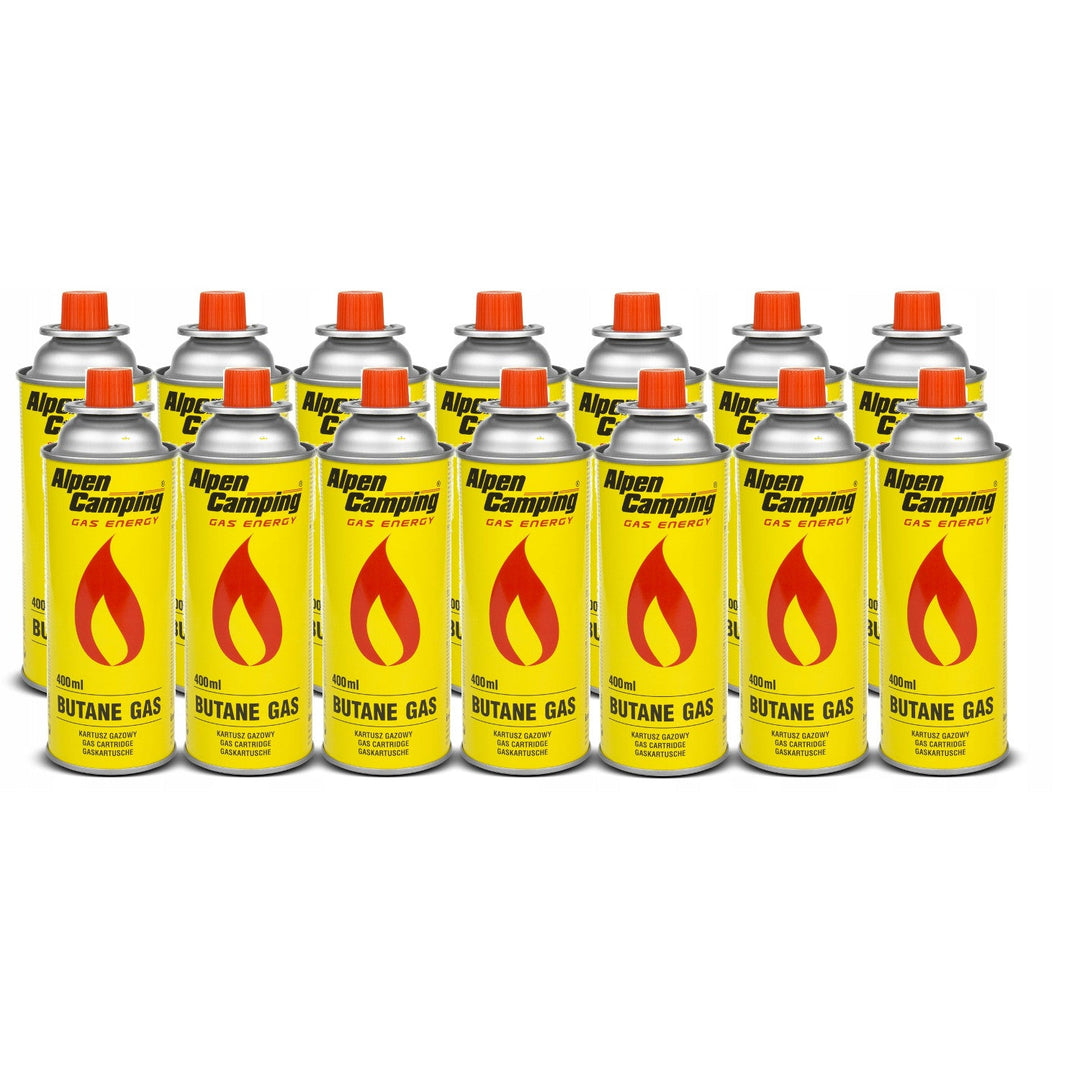 14x gaspatron 400 ml Alpen Camping. Certifikat: Pi 0875, i overensstemmelse med standard EN417, isobutan, anvendelsesområde -10 °C til +40 °C, IK004