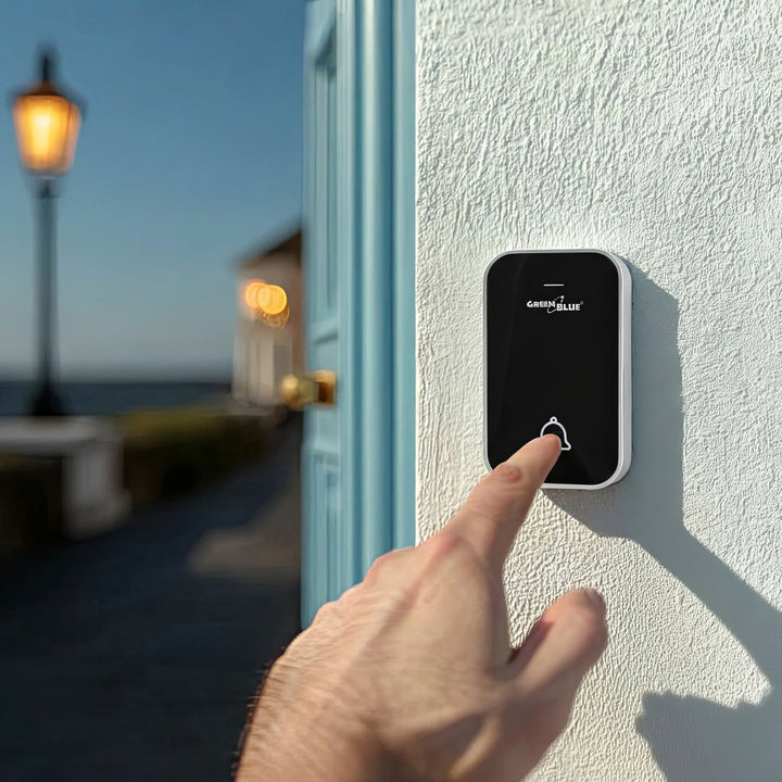 GreenBlue trådløs, batterifri kinetisk dørklokke, 38 melodier, sort, rækkevidde op til 200 m, IP44, GB157 B