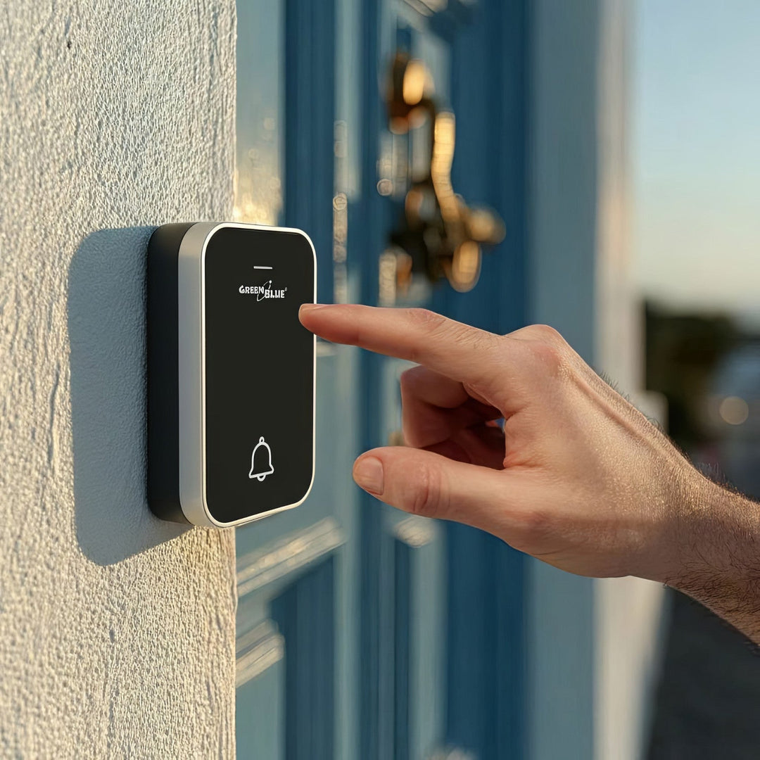 GreenBlue trådløs, batterifri kinetisk dørklokke, 38 melodier, sort, rækkevidde op til 200 m, IP44, GB157 B