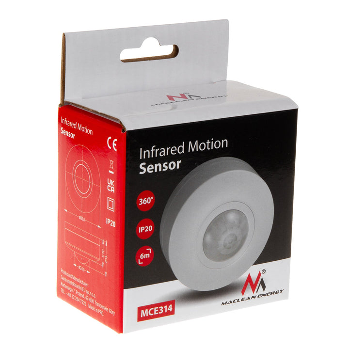 Maclean PIR-bevægelsessensor, rækkevidde 6 m, loftmontering, maks. belastning 1200 W, IP20, MCE314 W
