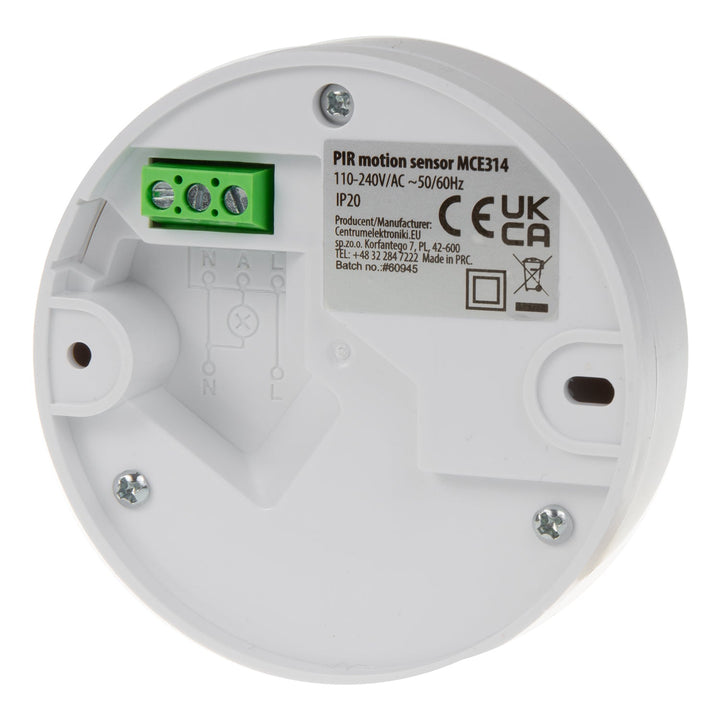 Maclean PIR-bevægelsessensor, rækkevidde 6 m, loftmontering, maks. belastning 1200 W, IP20, MCE314 W