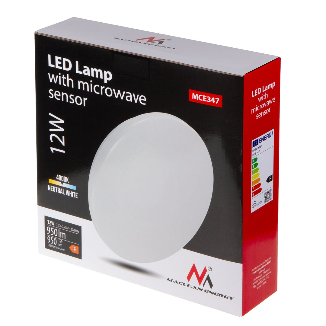 LED-loftslampe med Maclean-sensor, 5,8 GHz mikrobølgesensor, 4000 K, 12 W, 950 lm, IP44, MCE347
