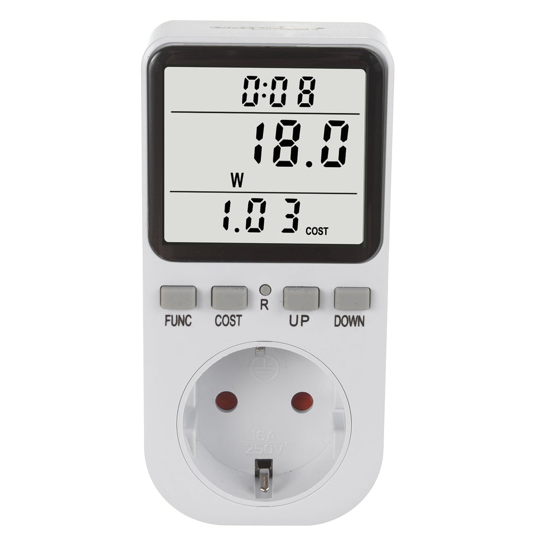 GreenBlue energimåler, wattmeter, type F, 220-240 V AC, 50 Hz, maks. belastning 16 A, IP20, indbygget batteri, GB364 F