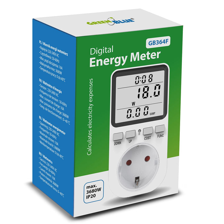 GreenBlue energimåler, wattmeter, type F, 220-240 V AC, 50 Hz, maks. belastning 16 A, IP20, indbygget batteri, GB364 F