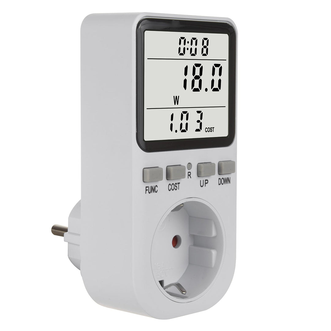 GreenBlue energimåler, wattmeter, type F, 220-240 V AC, 50 Hz, maks. belastning 16 A, IP20, indbygget batteri, GB364 F