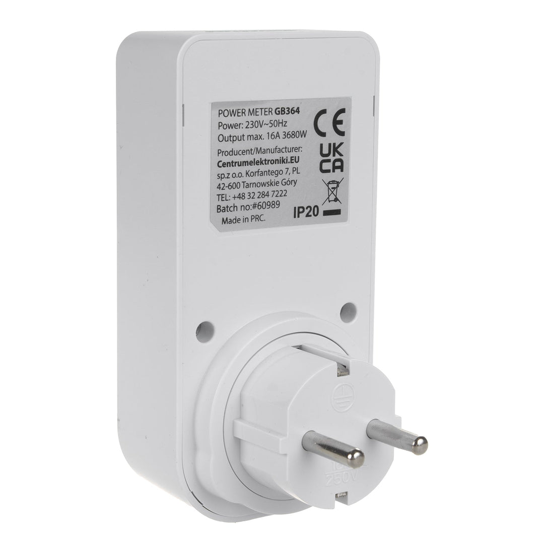 GreenBlue energimåler, wattmeter, type F, 220-240 V AC, 50 Hz, maks. belastning 16 A, IP20, indbygget batteri, GB364 F