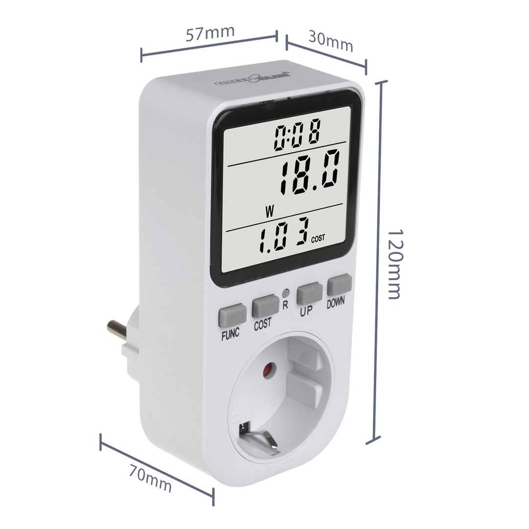 GreenBlue energimåler, wattmeter, type F, 220-240 V AC, 50 Hz, maks. belastning 16 A, IP20, indbygget batteri, GB364 F