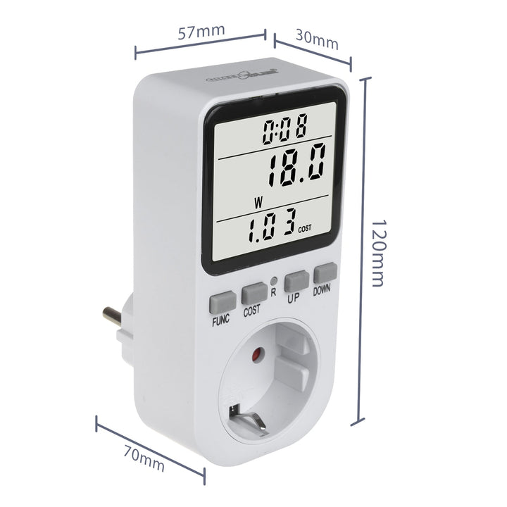 GreenBlue energimåler, wattmeter, type F, 220-240 V AC, 50 Hz, maks. belastning 16 A, IP20, indbygget batteri, GB364 F
