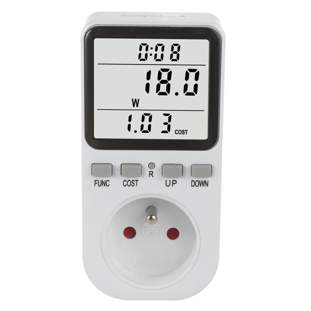 GreenBlue energimåler, wattmeter, type E, 220-240 V AC, 50 Hz, maks. belastning 16 A, IP20, indbygget batteri, GB364 E