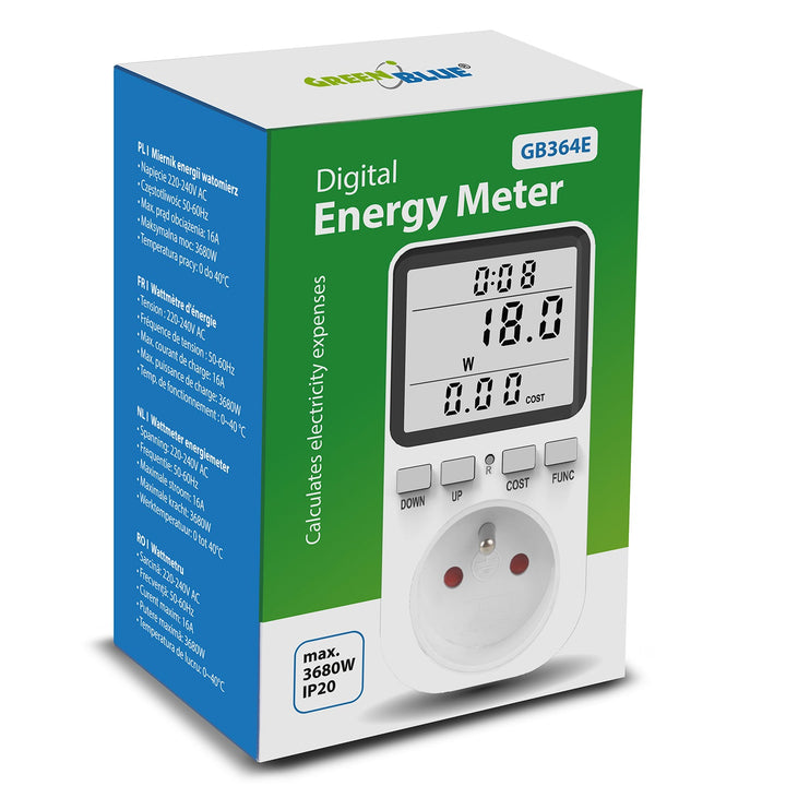 GreenBlue energimåler, wattmeter, type E, 220-240 V AC, 50 Hz, maks. belastning 16 A, IP20, indbygget batteri, GB364 E