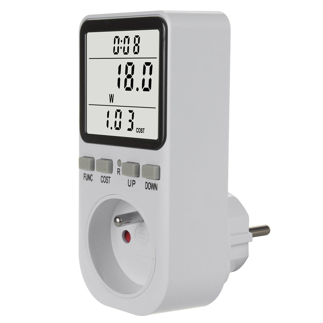 GreenBlue energimåler, wattmeter, type E, 220-240 V AC, 50 Hz, maks. belastning 16 A, IP20, indbygget batteri, GB364 E