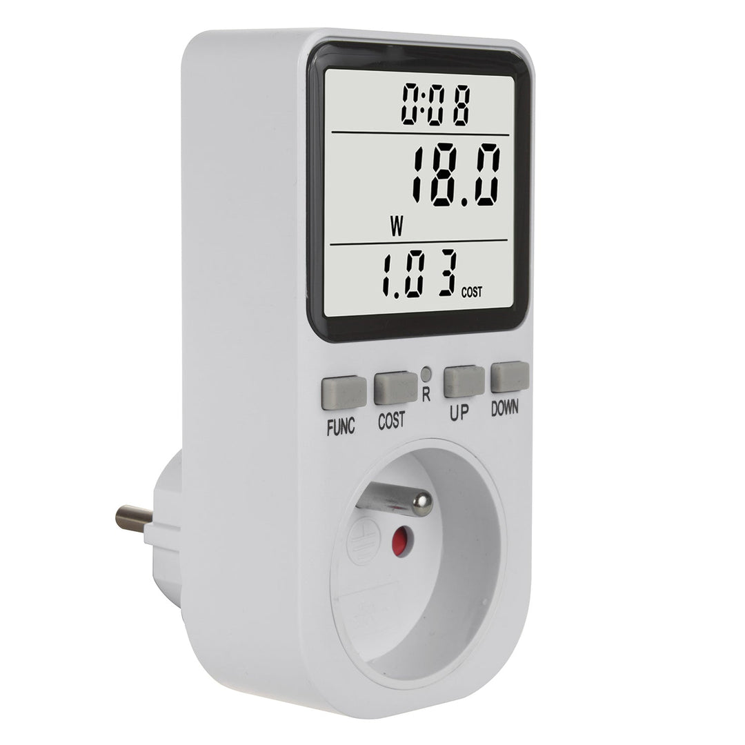 GreenBlue energimåler, wattmeter, type E, 220-240 V AC, 50 Hz, maks. belastning 16 A, IP20, indbygget batteri, GB364 E