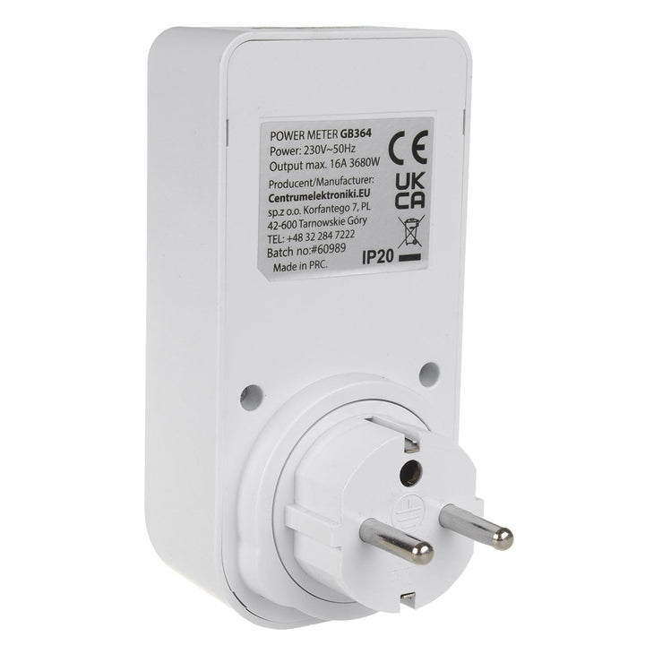 GreenBlue energimåler, wattmeter, type E, 220-240 V AC, 50 Hz, maks. belastning 16 A, IP20, indbygget batteri, GB364 E