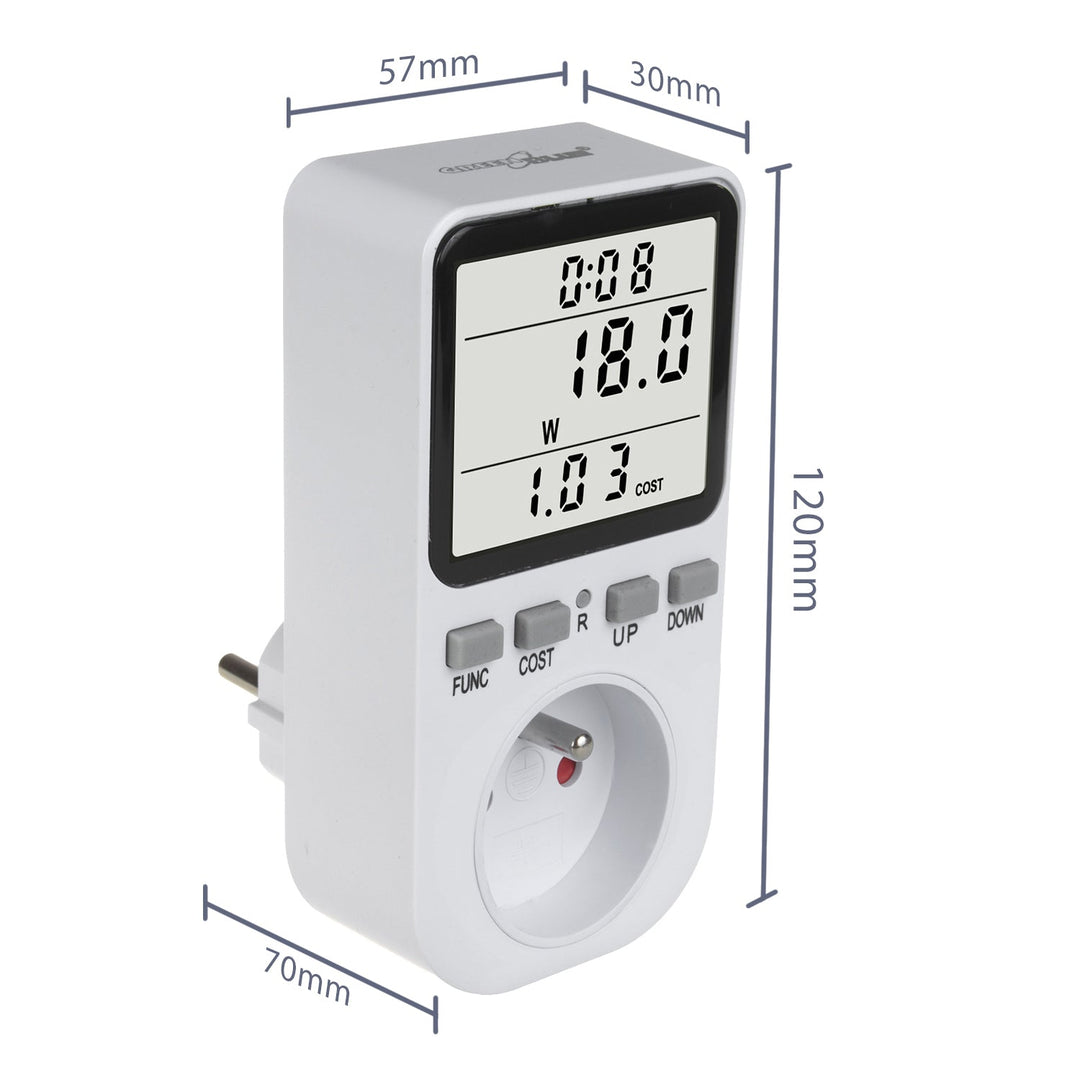 GreenBlue energimåler, wattmeter, type E, 220-240 V AC, 50 Hz, maks. belastning 16 A, IP20, indbygget batteri, GB364 E