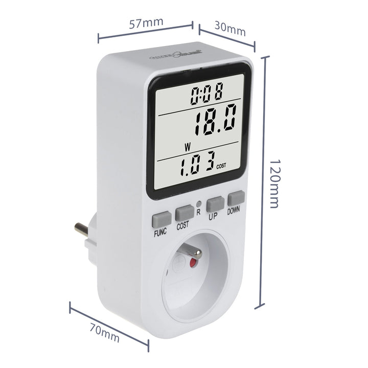 GreenBlue energimåler, wattmeter, type E, 220-240 V AC, 50 Hz, maks. belastning 16 A, IP20, indbygget batteri, GB364 E
