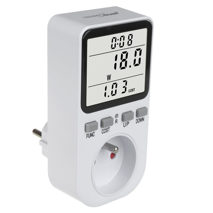 GreenBlue energimåler, wattmeter, type E, 220-240 V AC, 50 Hz, maks. belastning 16 A, IP20, indbygget batteri, GB364 E