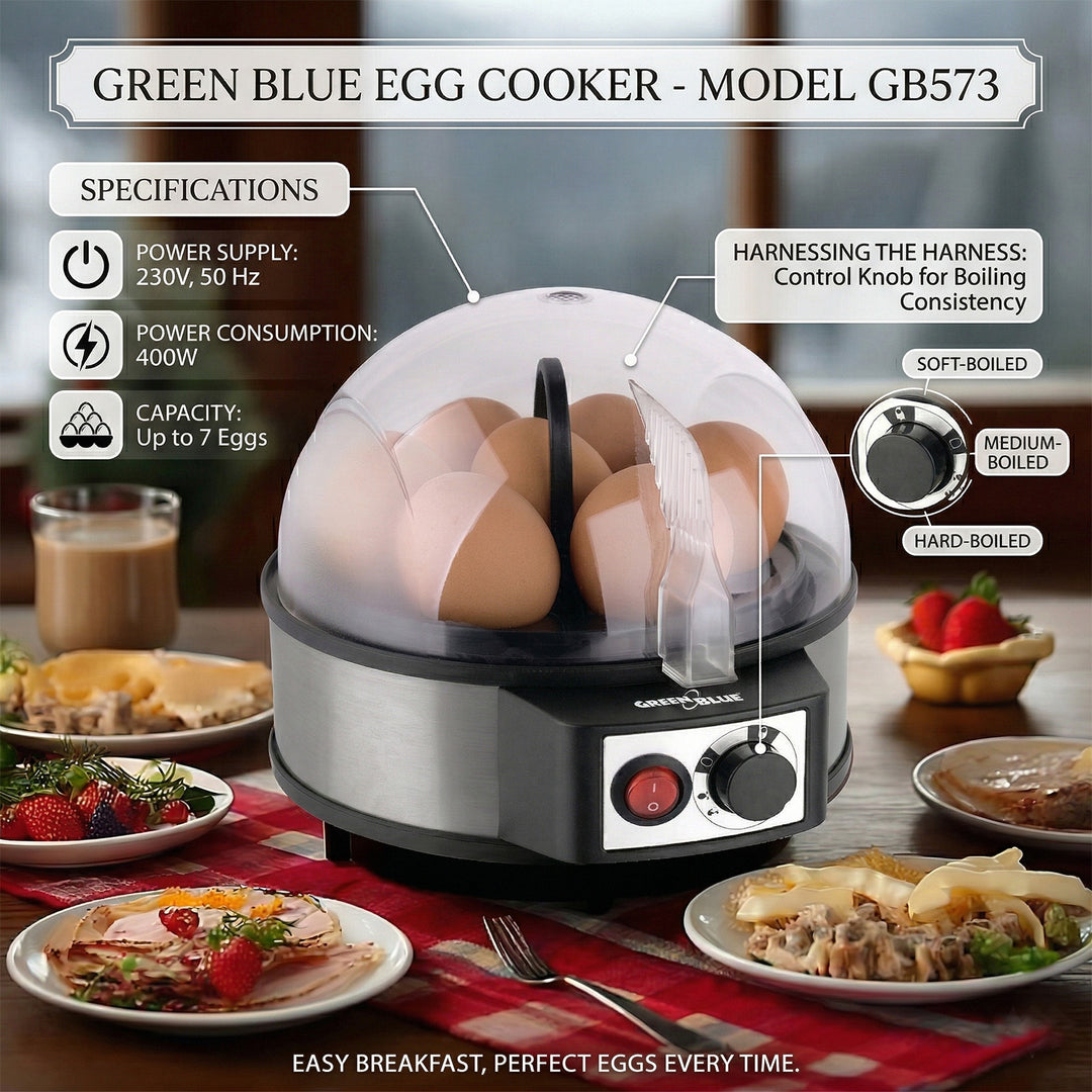 GreenBlue automatisk æggevarmer, effekt 400 W, til 7 æg, målebæger, 220-240 V~, 50 Hz, GB573