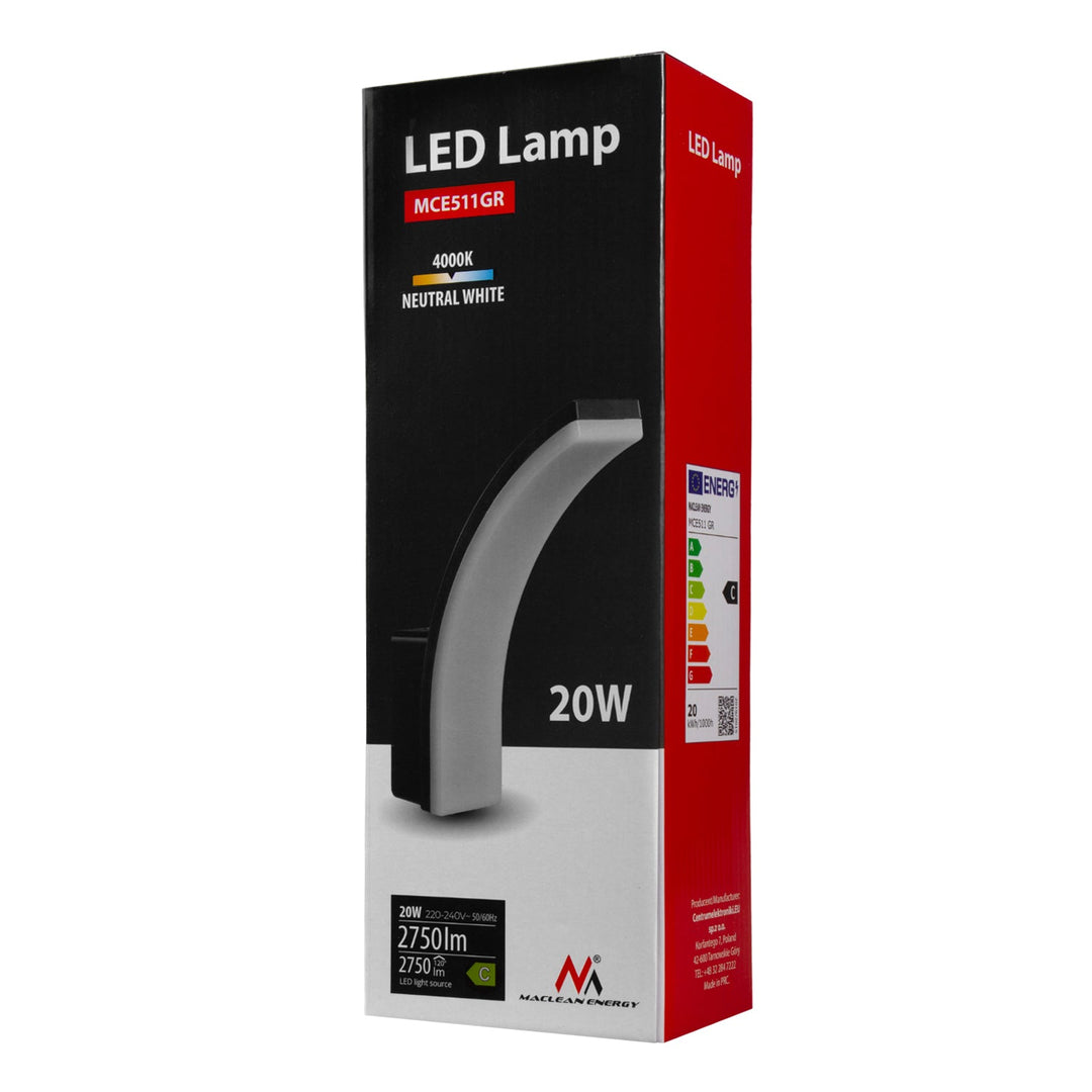 LED-lampe, grå, 20 W, 2750 lm, neutral hvid farve, 4000 K, IP65, Maclean MCE511 GR