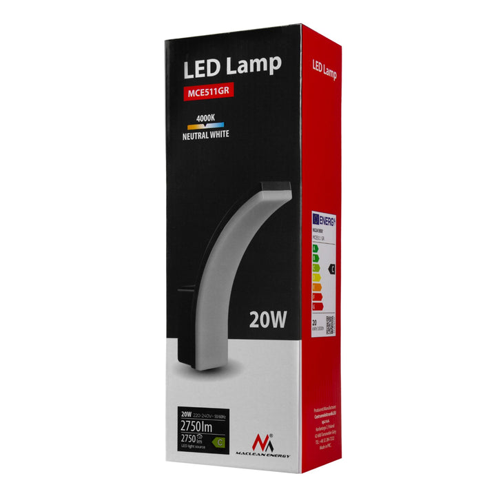 LED-lampe, grå, 20 W, 2750 lm, neutral hvid farve, 4000 K, IP65, Maclean MCE511 GR