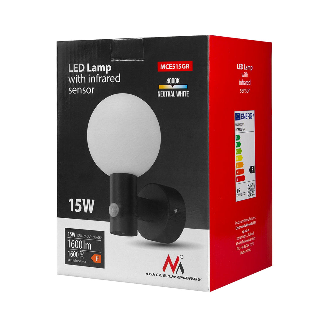 LED-lampe med bevægelsessensor Maclean PIR grå 15W IP65 1600lm 4000K