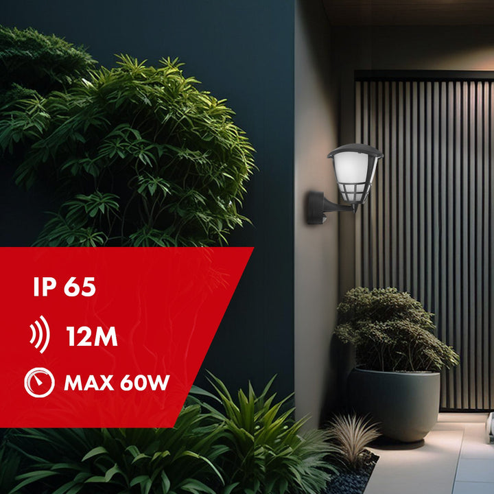Væglampe med sensor Maclean MCE518 B 1xE27 sort IP65 max 60W