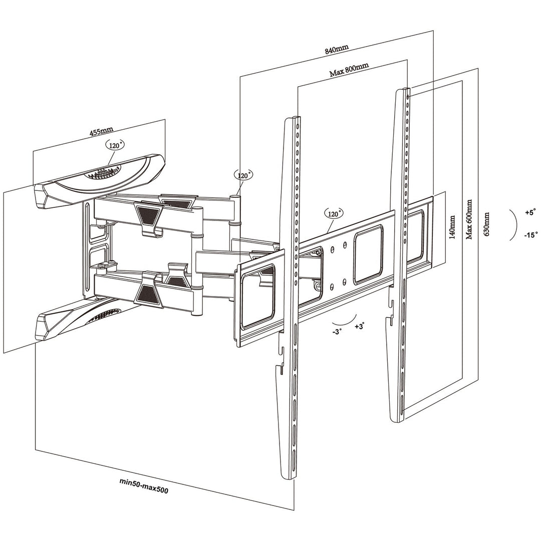 Maclean TV-beslag, maks. VESA 800x600, 43-100", 80 kg, vertikal og horisontal vinkelregulering, profil 50-500 mm, sort, MC-423