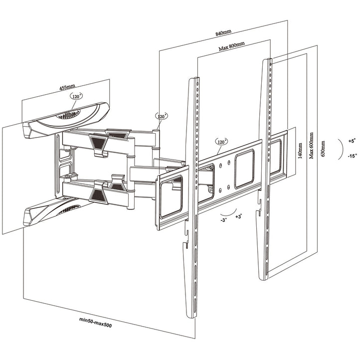 Maclean TV-beslag, maks. VESA 800x600, 43-100", 80 kg, vertikal og horisontal vinkelregulering, profil 50-500 mm, sort, MC-423
