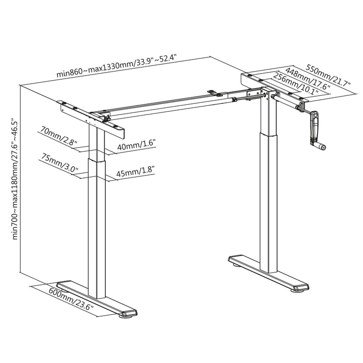 Maclean skrivebord, manuel højdejustering, uden bordplade, til stående og siddende arbejde, maks. 60 kg, maks. højde 120 cm, MC-790NG